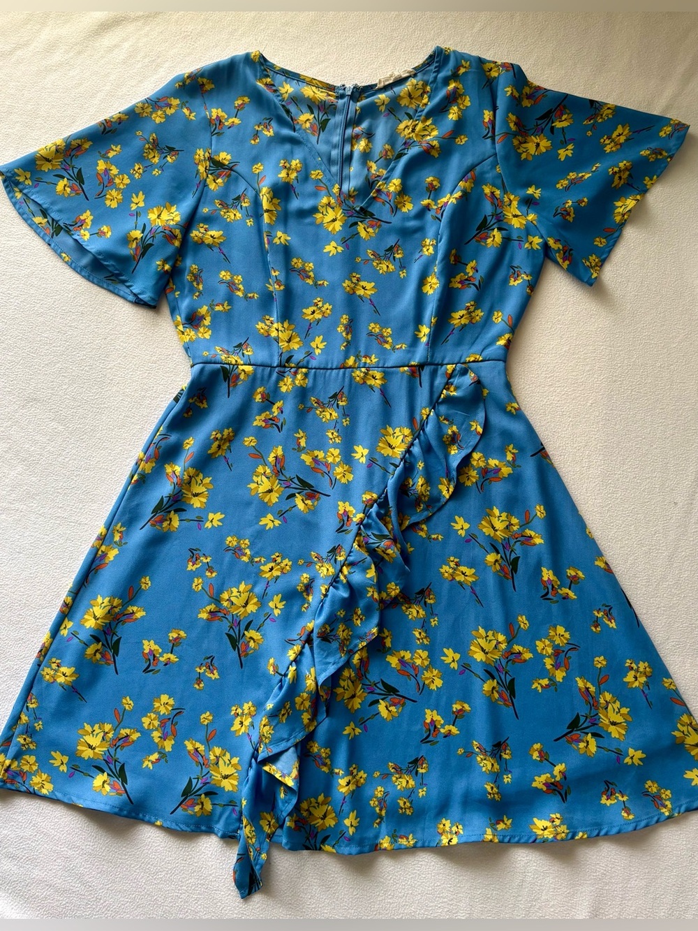 Blue Floral V-Neck Wrap Style Dress